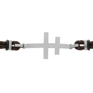 Bracelet en acier double cordon cuir marron fonc avec croix de Lorraine 20+3cm - Vue 1