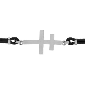 Bracelet en acier double cordon cuir noir avec croix de Lorraine 18+3cm - Vue 1