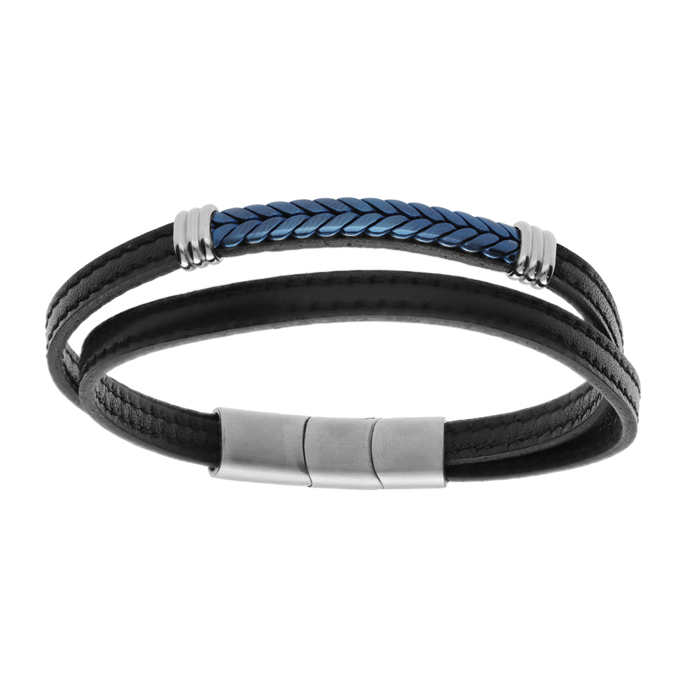 Bracelet en acier double cuir bovin noir avec tresse PVD bleu double fermoir 20.5+1.5cm - Vue 1