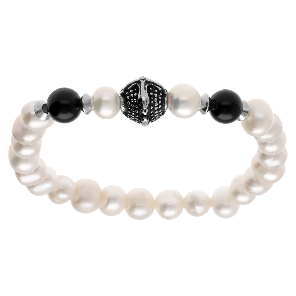 Bracelet en acier elastique perle blanche de culture d\'eau douce -8-9mm irr�guli�re - et deux  boules agate noire - Vue 1