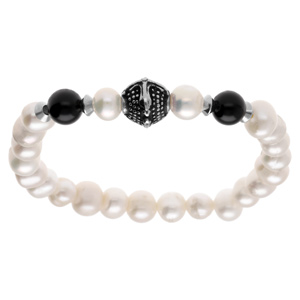 Bracelet en acier elastique perle blanche de culture d\'eau douce -8-9mm irrégulière - et deux boules agate noire - Vue 1