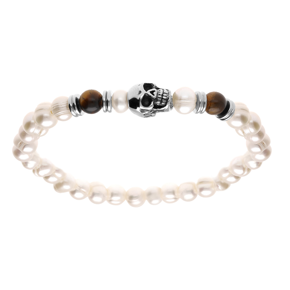 Bracelet en acier elastique perle de culture d\'eau douce blanche - 6mm irr�gulier - et deux  boules 6mm oeil de tigre et t�te de mort - Vue 1