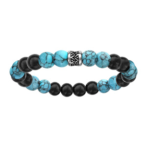 Bracelet en acier lastique perles bois noires et turquoise imitation motif patin - Vue 1