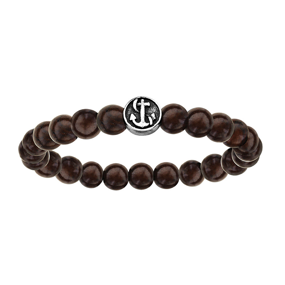 Bracelet en acier �lastique perles en bois marron motif marin patin� Recto/Verso - Vue 1