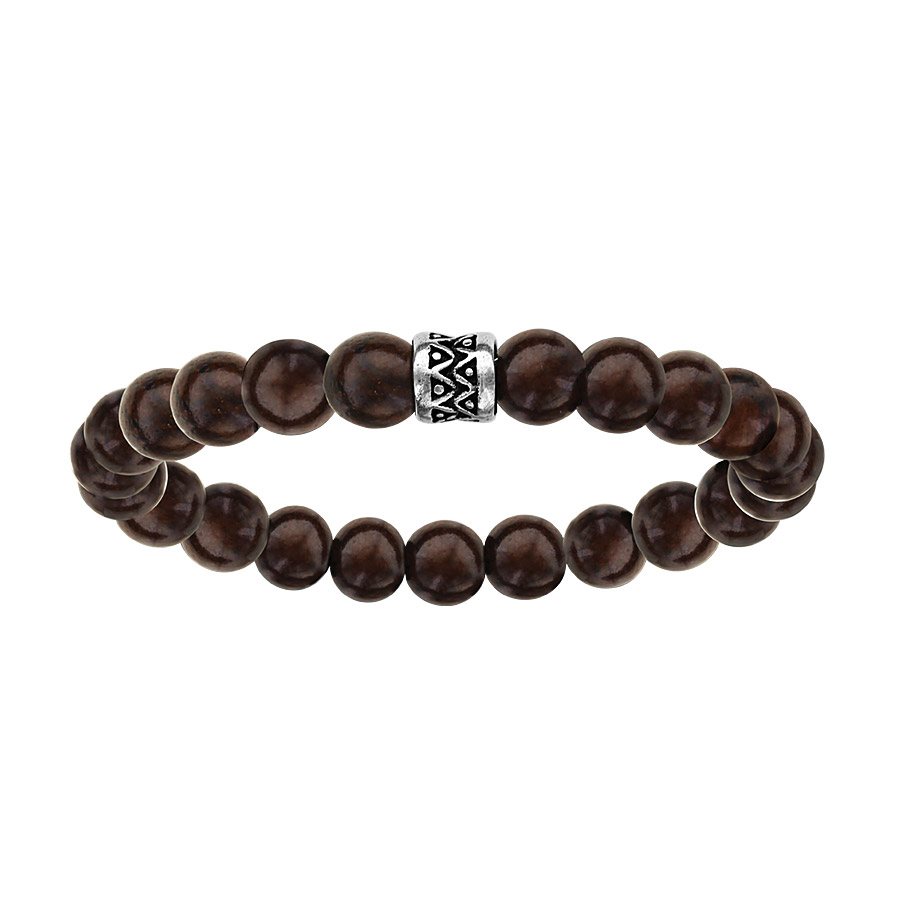 Bracelet en acier �lastique perles en bois marron motif patin� - Vue 1