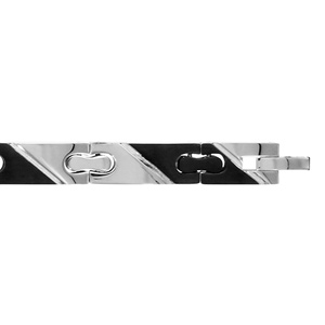 Bracelet en acier et bandes noires larges en diagonales - largeur 8mm et longueur 20cm + 1cm réglable par double fermoir - Vue 1