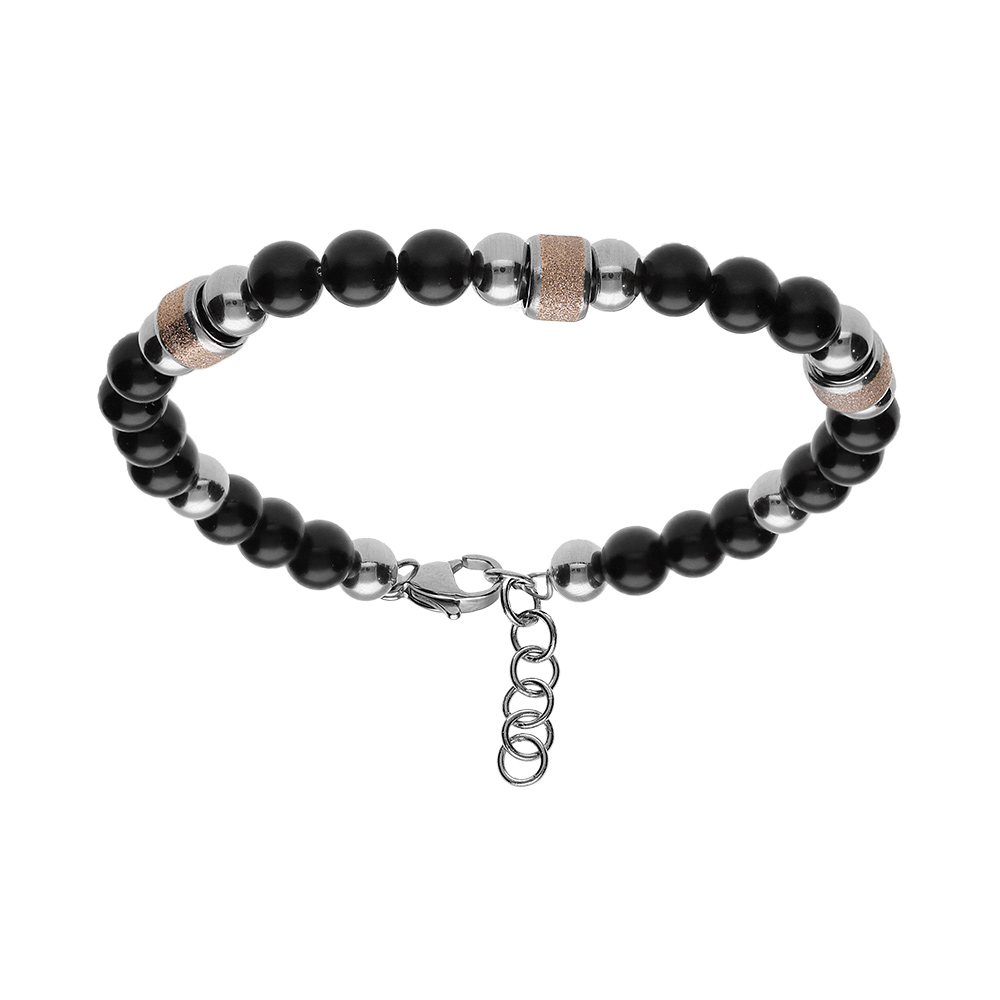 Bracelet en acier et boules agate noire avec cylindre granit� rose 19+2cm - Vue 1