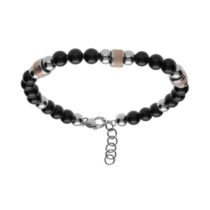 Bracelet en acier et boules agate noire avec cylindre granit rose 19+2cm - Vue 1