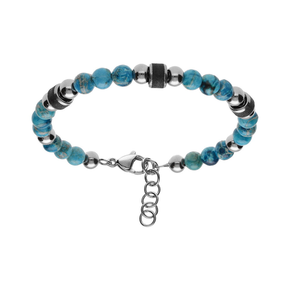 Bracelet en acier et boules labradorite teint� bleu turquoise avec cylindre granit� noir 19+2cm - Vue 1
