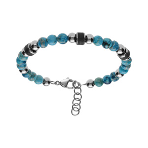 Bracelet en acier et boules labradorite teint bleu turquoise avec cylindre granit noir 19+2cm - Vue 1