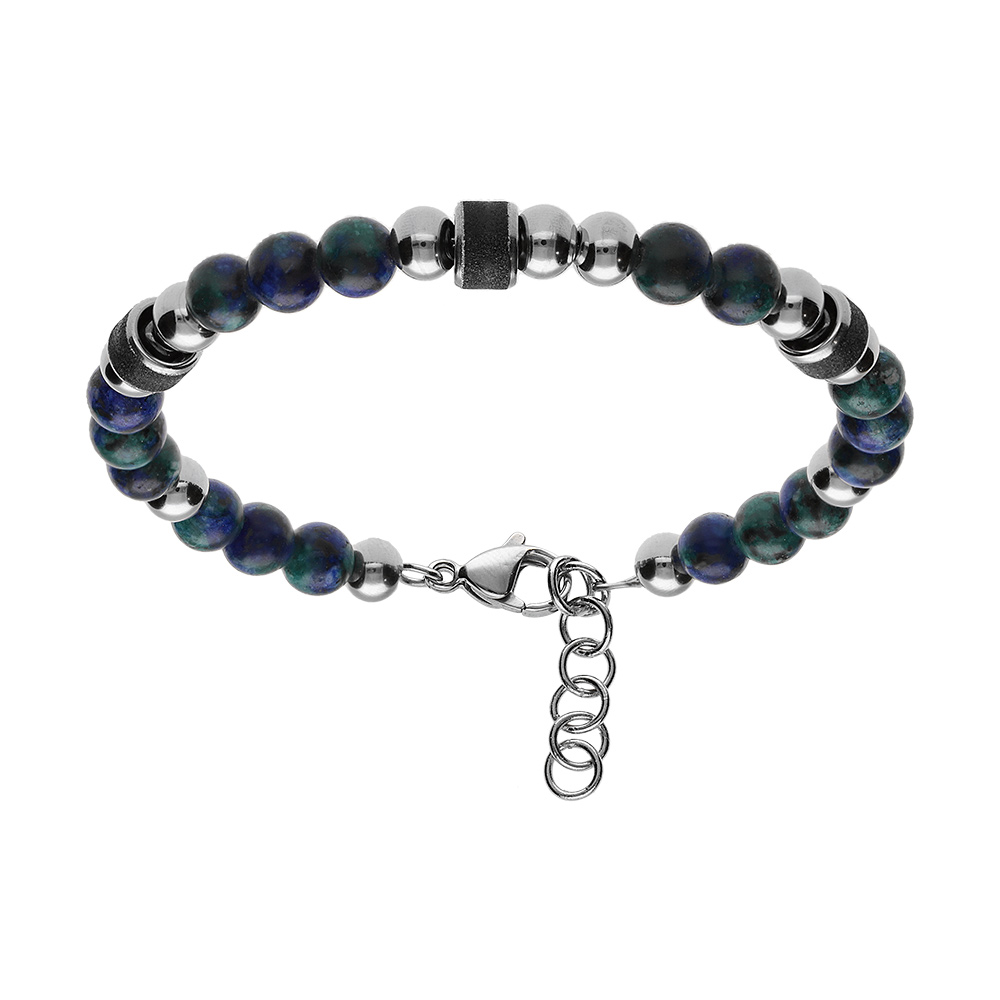 Bracelet en acier et boules labradorite teint� bleu vert avec cylindre granit� noir 19+3cm - Vue 1