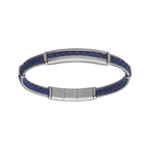 Bracelet en acier et cble cuir vritable tress couleur bleu 20+1cm double fermoir - Vue 1