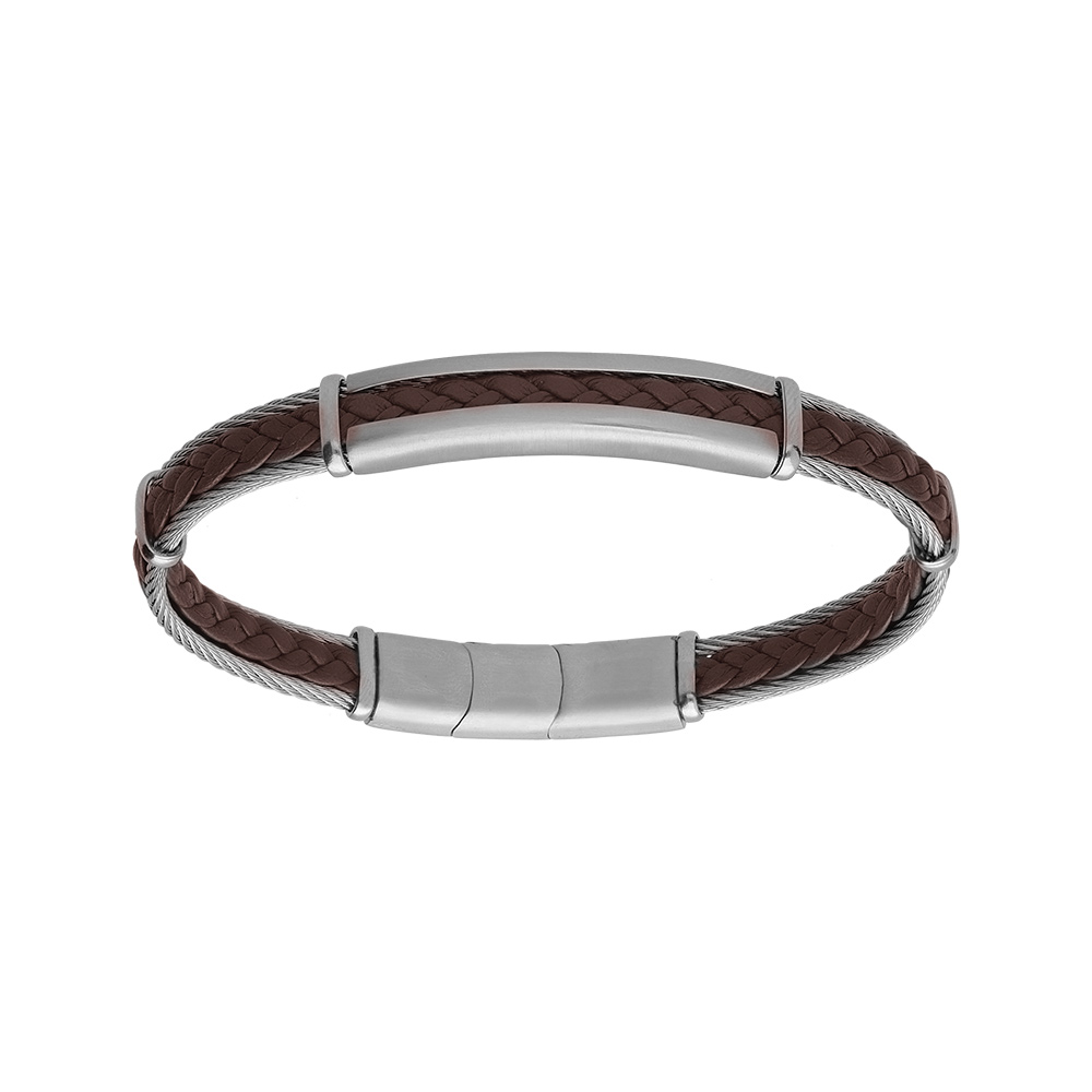 Bracelet en acier et c�ble cuir v�ritable tress� couleur marron 20+1cm double fermoir - Vue 1