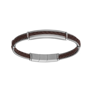 Bracelet en acier et cble cuir vritable tress couleur marron 20+1cm double fermoir - Vue 1