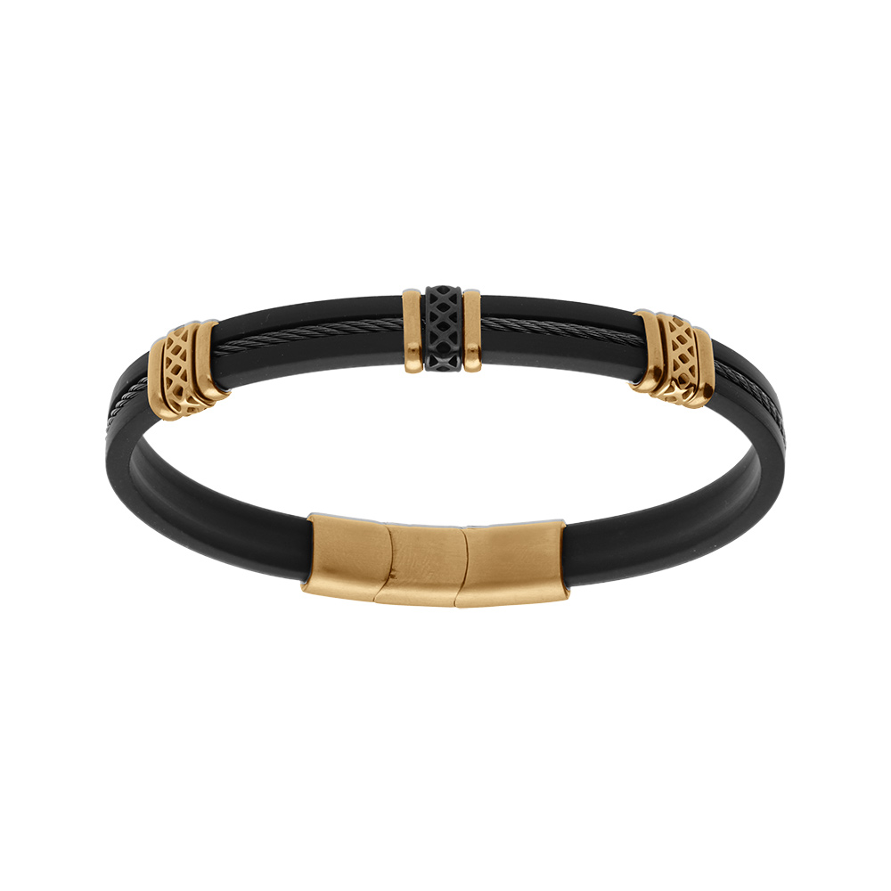 Bracelet en acier et caoutchouc c�ble noir motif fermoir aimant� -  20+1.5cm double fermoir - Vue 1