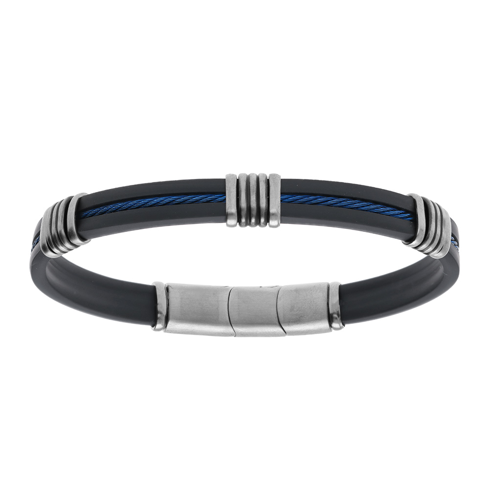 Bracelet en acier et caoutchouc et c�ble bleu  - 20+1cm double fermoir - Vue 1