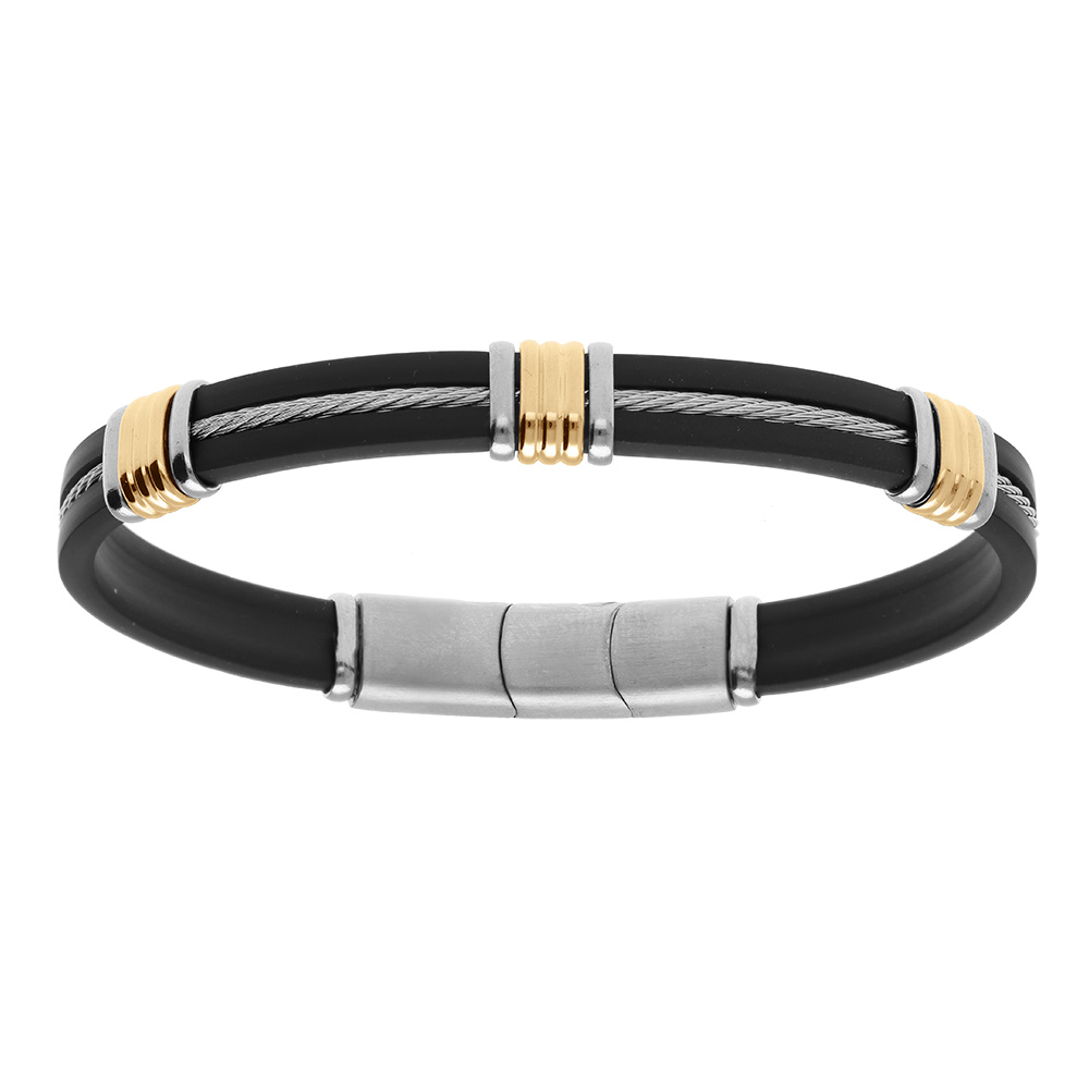 Bracelet en acier et caoutchouc et c�ble gris et motif dor�  - 20+1cm double fermoir - Vue 1