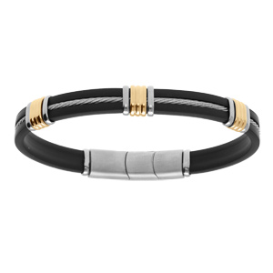 Bracelet en acier et caoutchouc et câble gris et motif doré - 20+1cm double fermoir - Vue 1