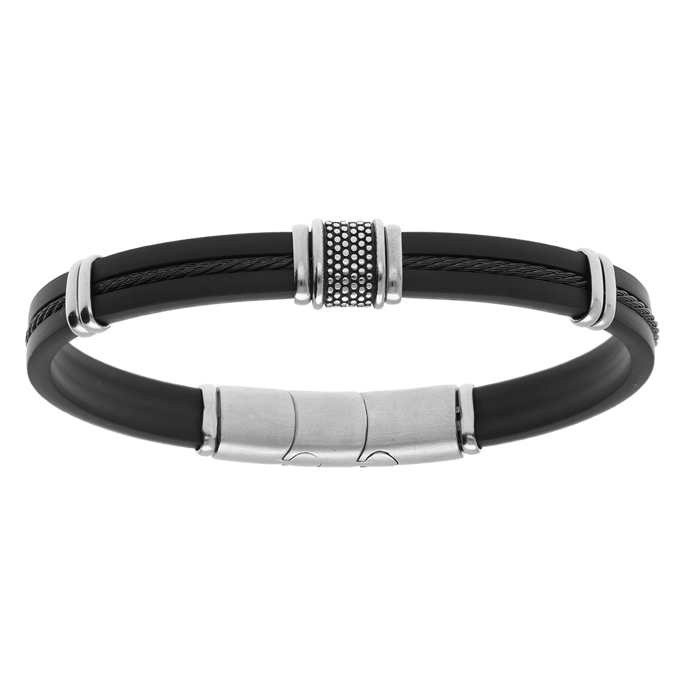 Bracelet en acier et caoutchouc et c�ble noir  - 20+1cm double fermoir - Vue 1