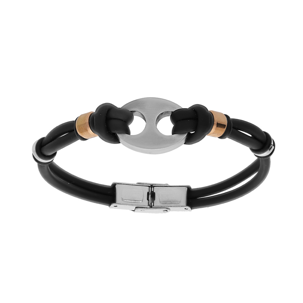Bracelet en acier et caoutchouc motif grain de caf� r�glable 20cm - Vue 1