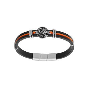 Bracelet en acier et caoutchouc noir avec cordon orange pastille motif arbre de vie 19.5+1cm double fermoir - Vue 1