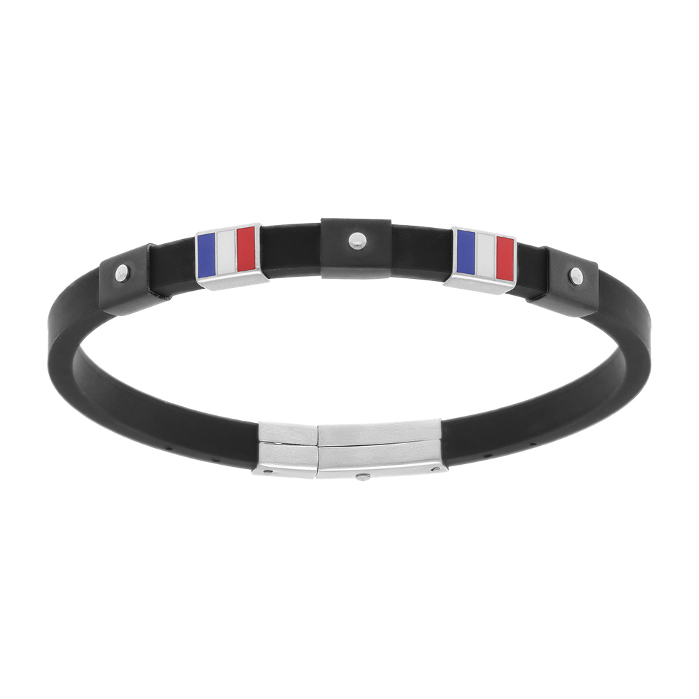 Bracelet en acier et caoutchouc noir avec drapeau francais - 21.5cm r�glable 17cm - France - Vue 1