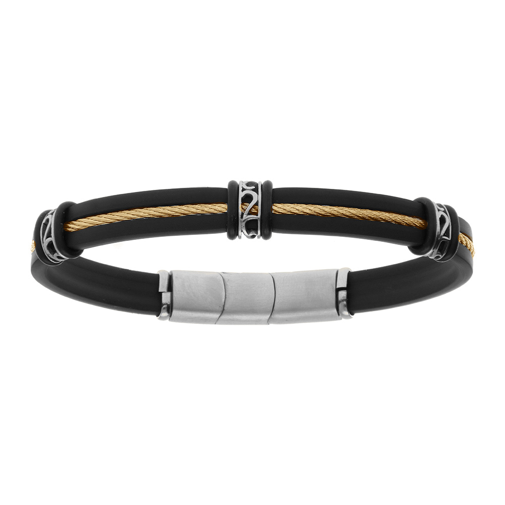 Bracelet en acier et caoutchouc noir c�ble dor�  - 20cm+1cm double fermoir - Vue 1