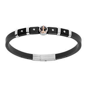 Bracelet en acier et caoutchouc noir PVD noir motif ancre - 21.5cm r�galble 20cm et 18.5cm