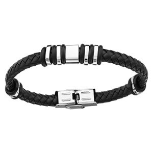 Bracelet en acier et caoutchouc noir tress avec lments lisses - longueur 20cm - Vue 1