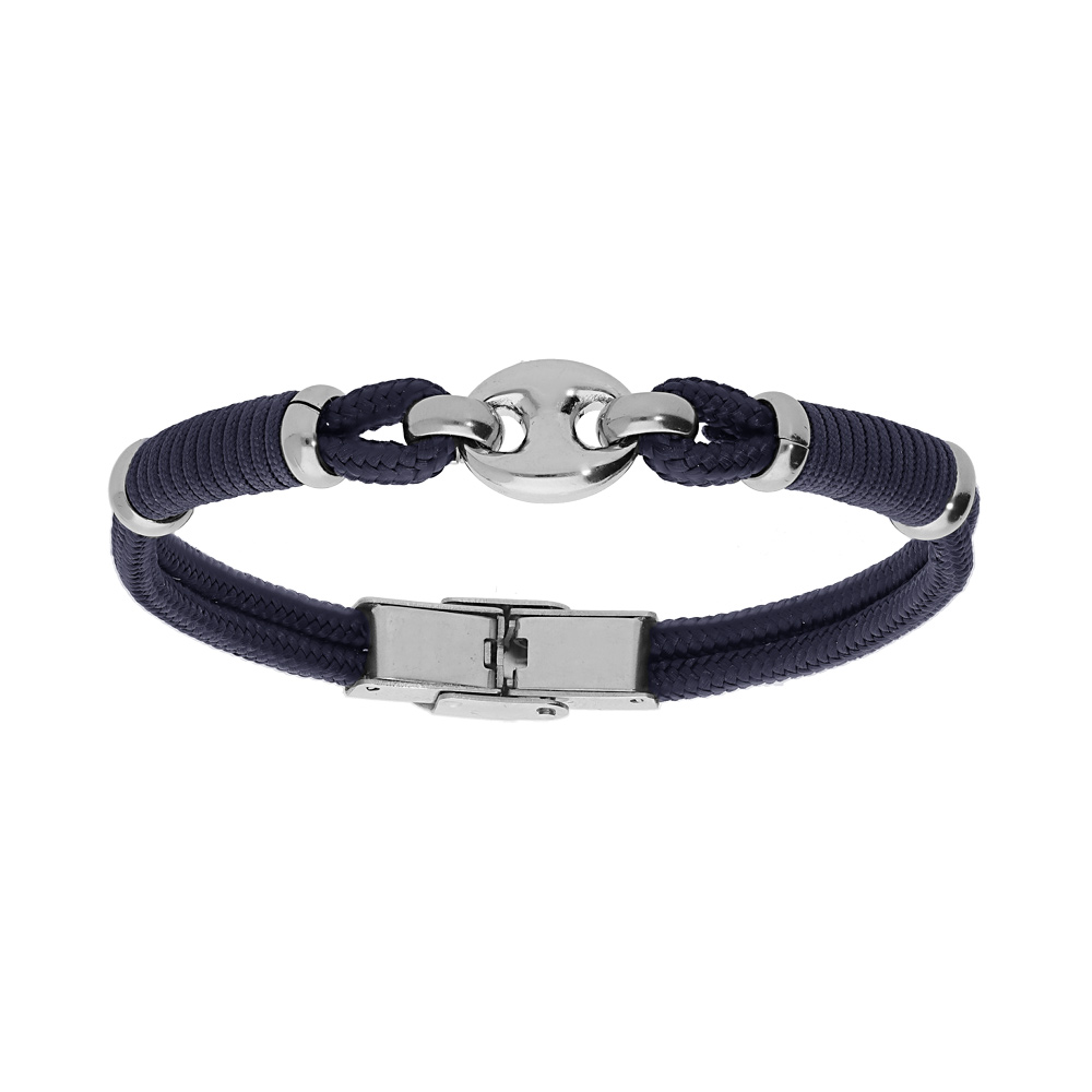 Bracelet en acier et cordon bleu avec grain de caf� au centre longueur 20cm r�glable - Vue 1