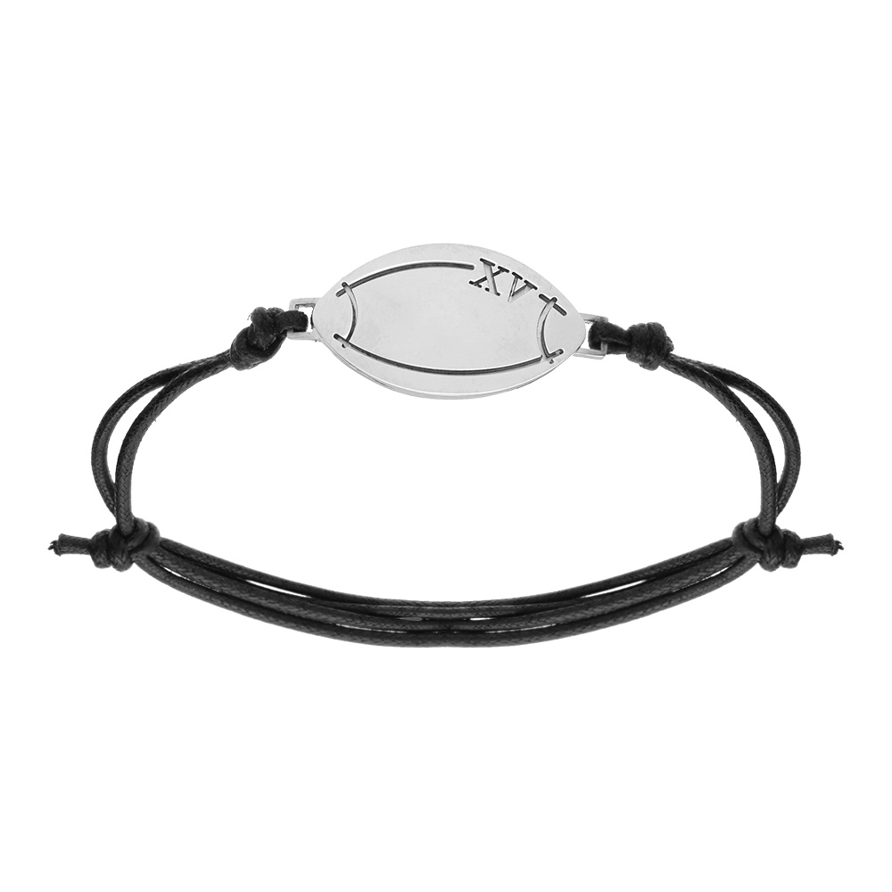 Bracelet en acier et cordon coulissant noir avec 1 ballon de rugby XV au milieu - Vue 1
