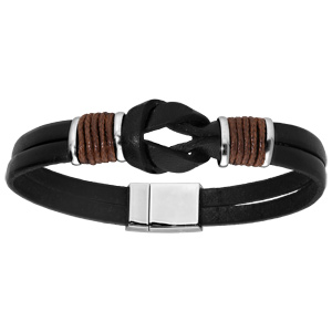Bracelet en acier et cordon de cuir marron motif noeud rglable 21cm - Vue 1