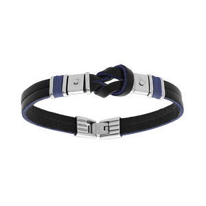 Bracelet en acier et cordon de cuir noir noeud central avec cordon bleu 20,5cm+1,5cm double fermoir - Vue 1