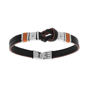 Bracelet en acier et cordon de cuir noir noeud central avec cordon orange 20,5cm+1,5cm double fermoir - Vue 1