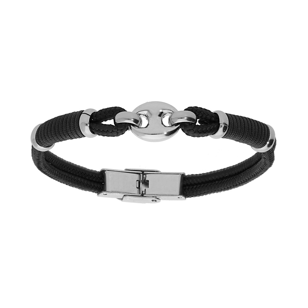 Bracelet en acier et cordon noir avec grain de caf� au centre longueur 20cm r�glable - Vue 1