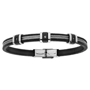 Bracelet en acier et cuir avec 3 cbles gris et 3 oxydes blancs 20cm - Vue 1