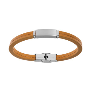 Bracelet en acier et cuir beige avec plaque à graver 20cm réglable - Vue 1