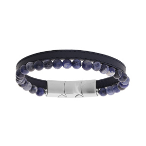 Bracelet en acier et cuir bleu avec perles Sodalite 6mm 19.5cm + 1cm double fermoir - Vue 1