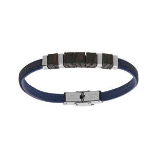 Bracelet en acier et cuir bleu et bois de chne 20cm - Vue 1