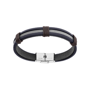 Bracelet en acier et cuir bleu et marron 20cm rglable - Vue 1