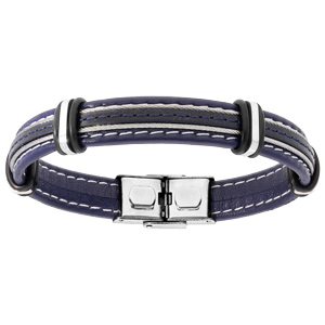 Bracelet en acier et cuir bleu marine avec 2 cbles gris 20cm - Vue 1