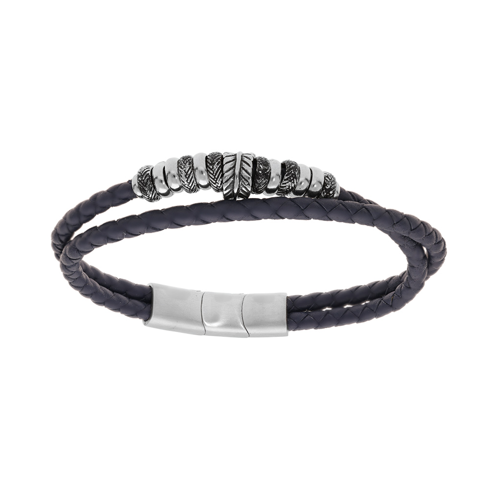 Bracelet en acier et cuir bleu tress� 2 rangs avec multi anneaux 19.5+1cm double fermoir - Vue 1