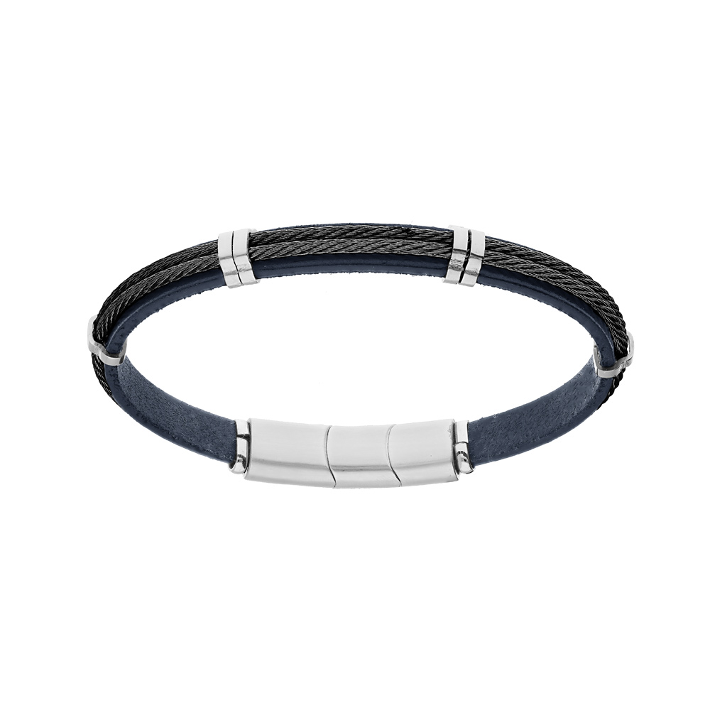 Bracelet en acier et cuir bovi bleu double c�ble noir - 20cm+1cm double fermoir aimant� - Vue 1