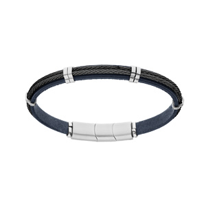 Bracelet en acier et cuir bovi bleu double c�ble noir - 20cm+1cm double fermoir aimant�