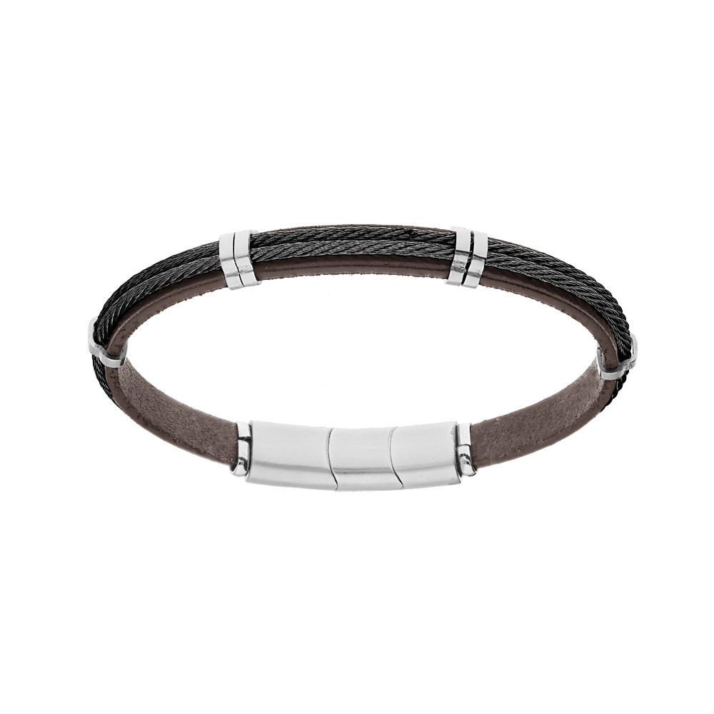 Bracelet en acier et cuir bovi marron double c�ble noir - 20cm + 1cm double fermoir aimant� - Vue 1