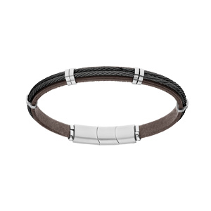 Bracelet en acier et cuir bovi marron double câble noir - 20cm + 1cm double fermoir aimanté - Vue 1