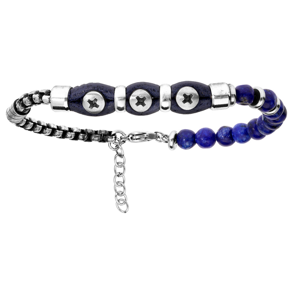 Bracelet en acier et cuir bovin bleu avec boules quartz bleu 20+3cm - Vue 1