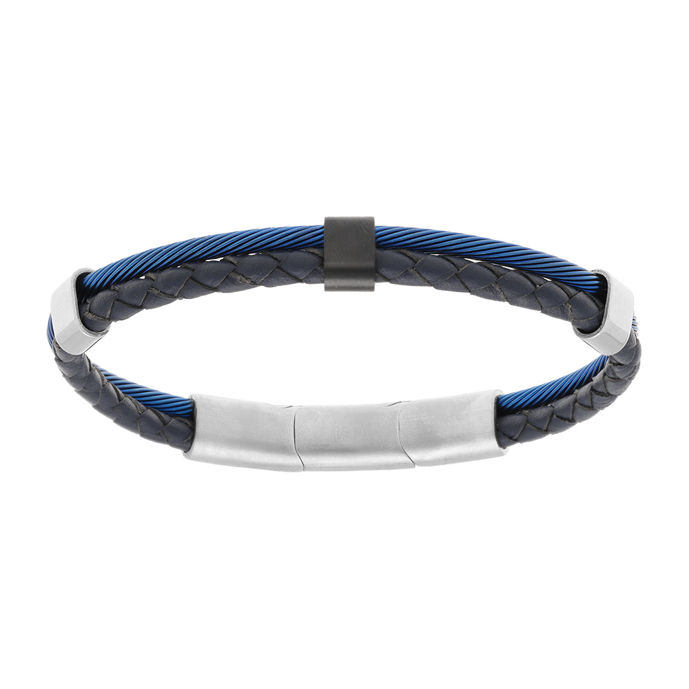 Bracelet en acier et cuir bovin bleu et c�ble bleu - Vue 1