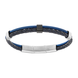 Bracelet en acier et cuir bovin bleu et c�ble bleu