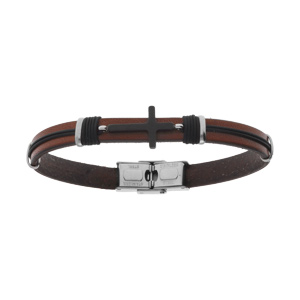 Bracelet en acier et cuir bovin marron croix PVD noir et cordon noir - 20.5cm - Vue 1